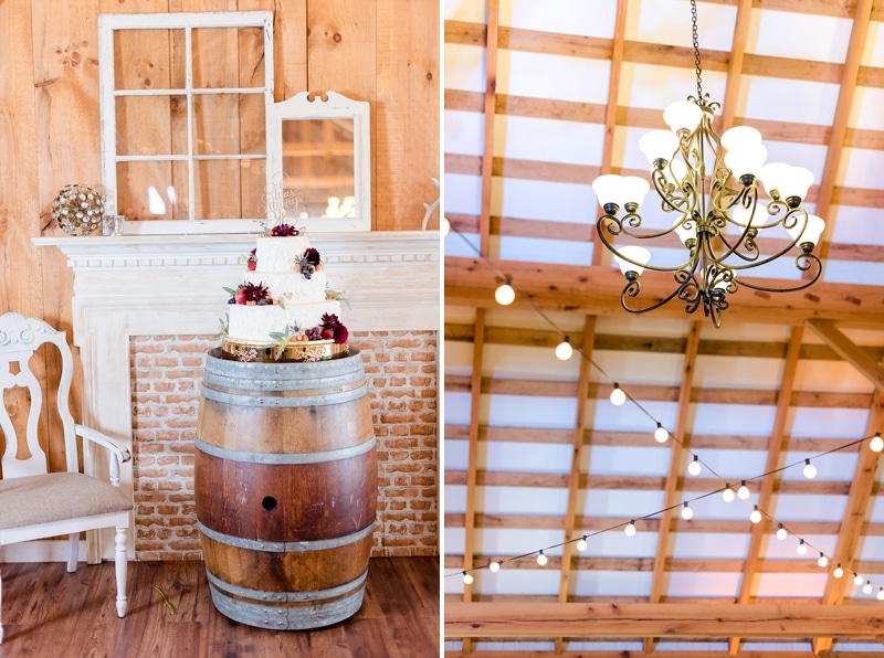 Wedding cake and chandelier at Shadow Creek reception barn