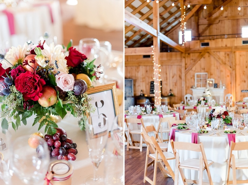 Floral centerpiece and guest seating at Shadow Creek reception
