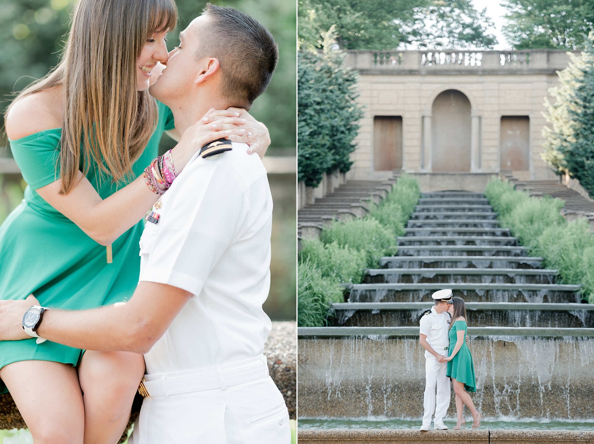 Couple kissing at the base of the fountain at Meridian Hill Park
