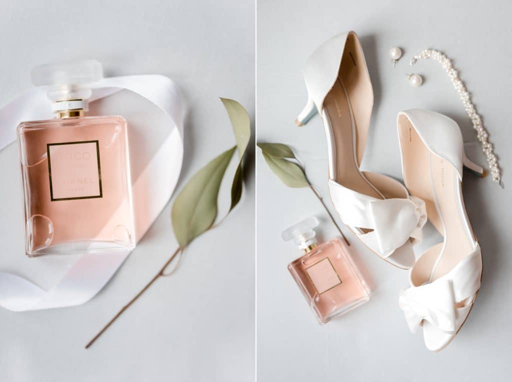 Wedding day perfume and shoes with jewelry for getting ready