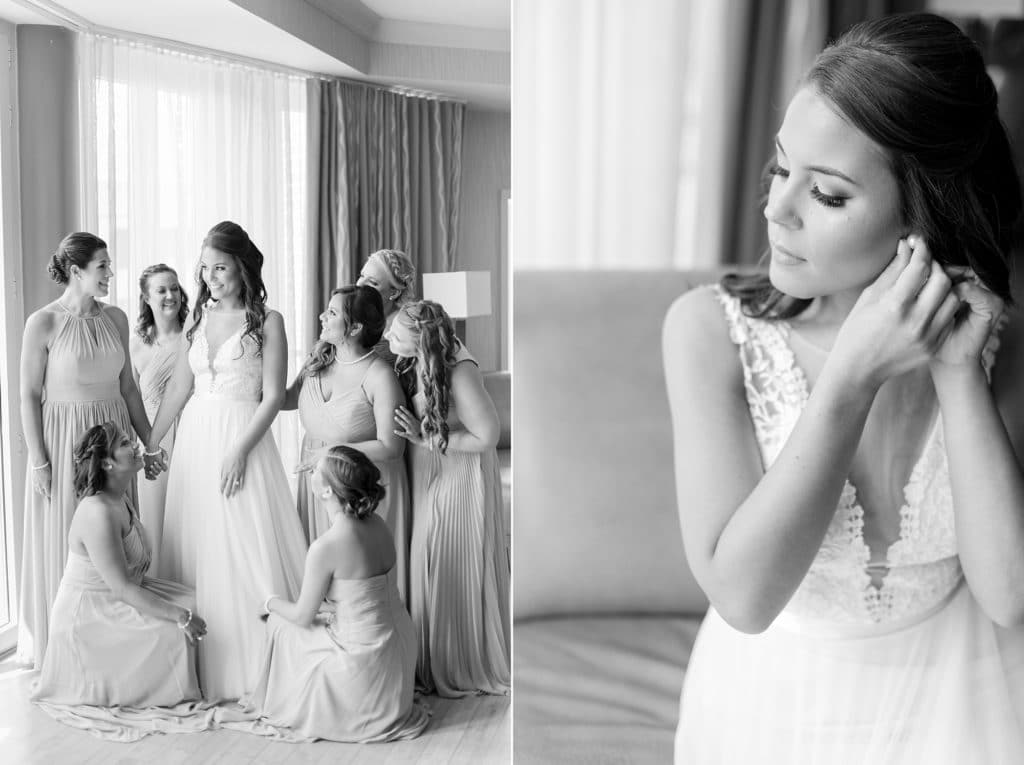 Bride and her bridesmaids while getting ready in hotel suite
