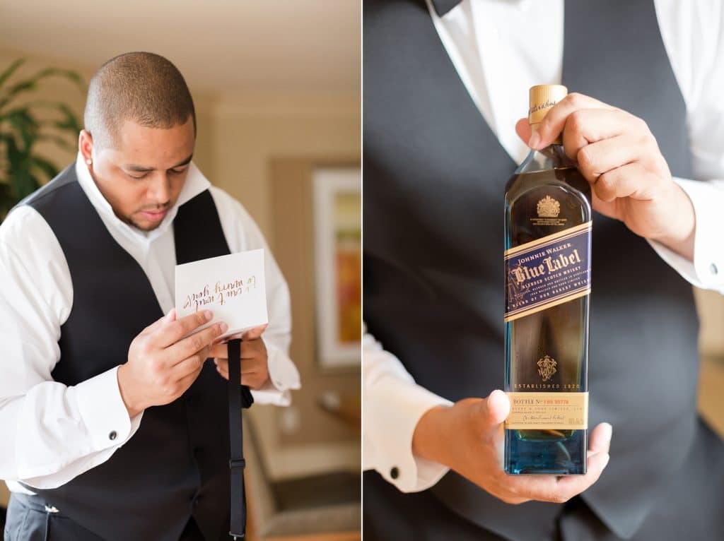 Groom opening his gift from bride of Johnny Walker Blue Label Whiskey