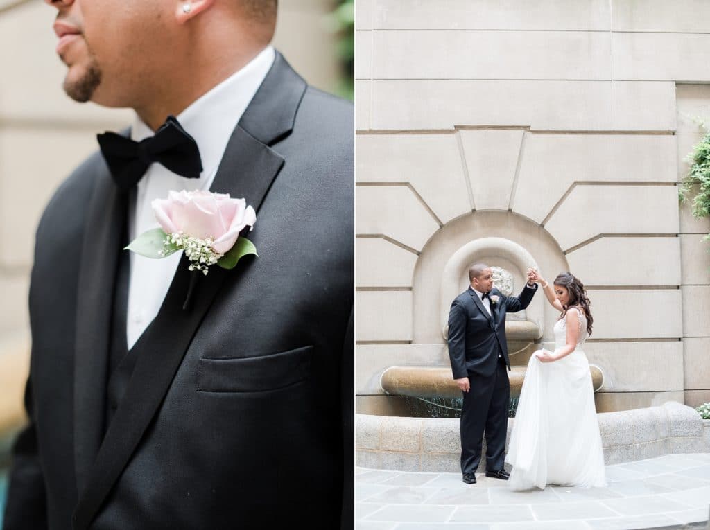 Groom and boutonnière at classy DC hotel wedding