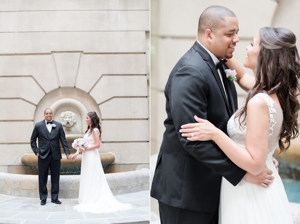 Bride and groom by fountain of courtyard at Westin Georgetown