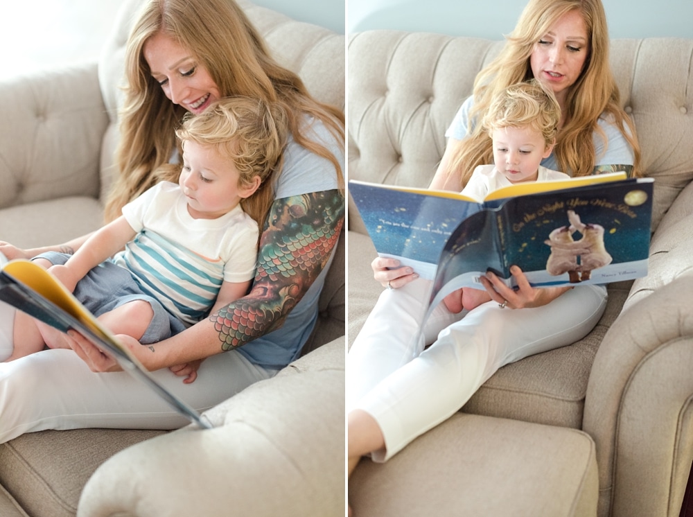 Mom and her son reading together on couch