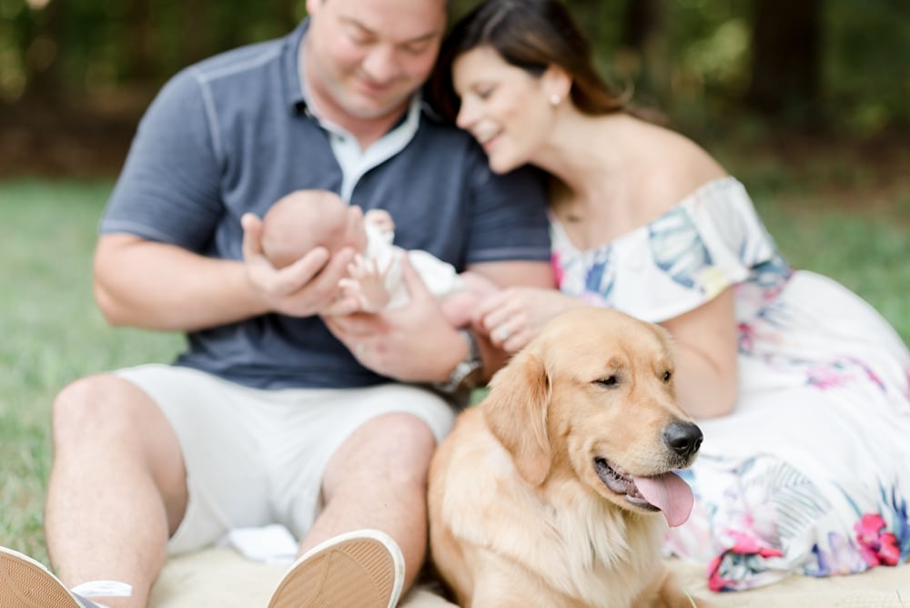 New parents and baby with golden retriever
