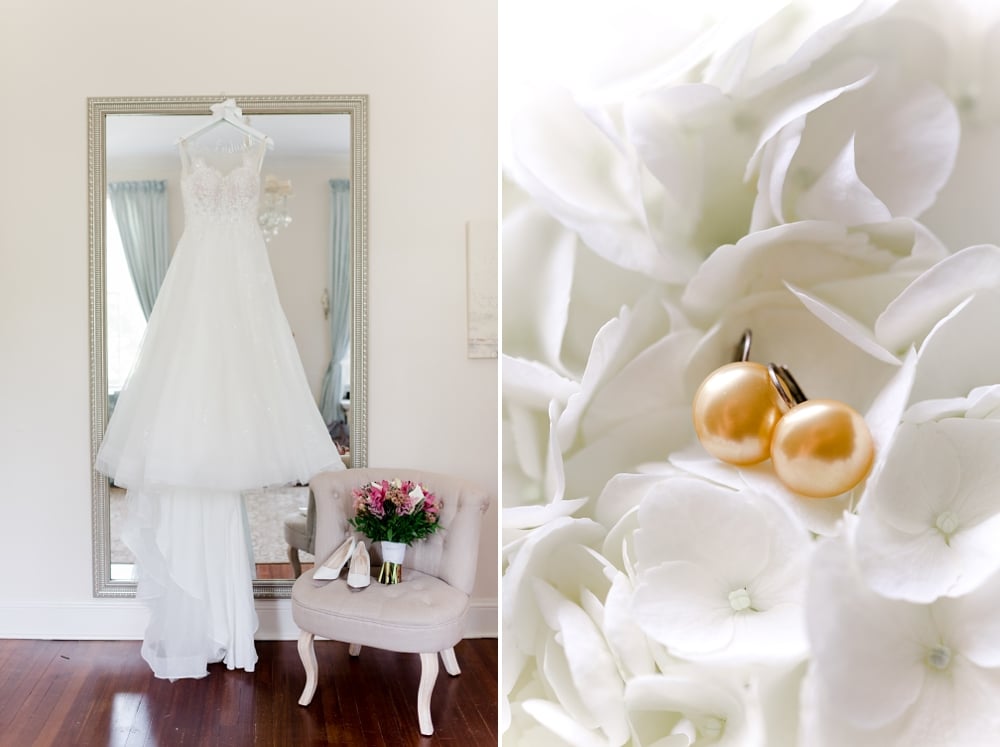 Bridal gown and earrings in Rust Manor House bridal suite