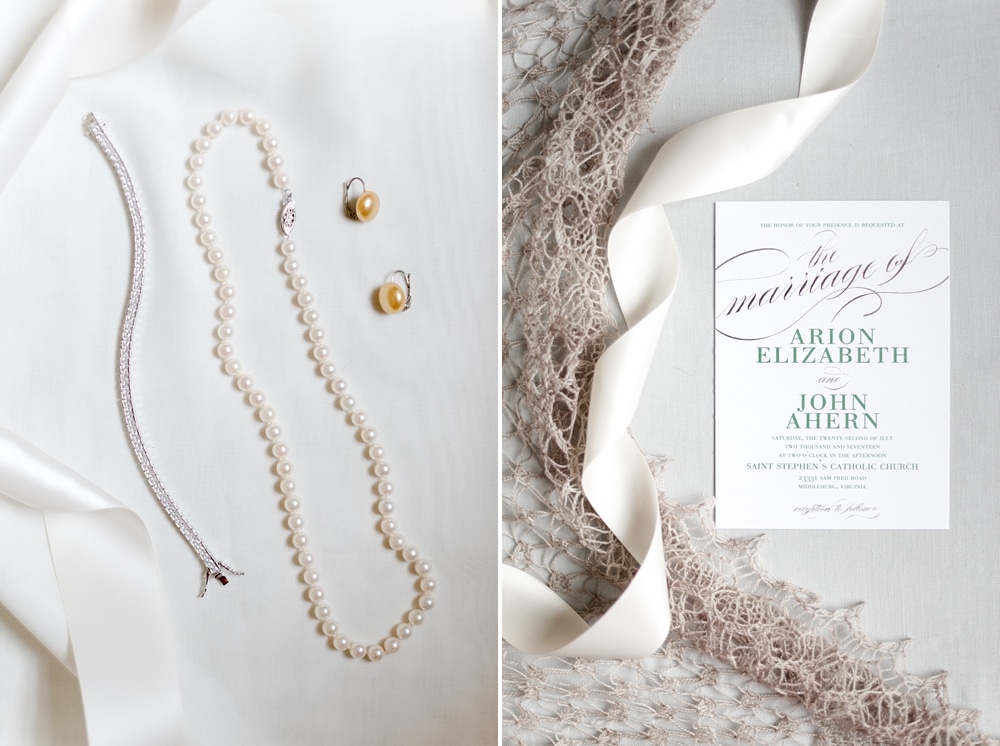 Bridal jewelry and invitation at Rust Manor House wedding