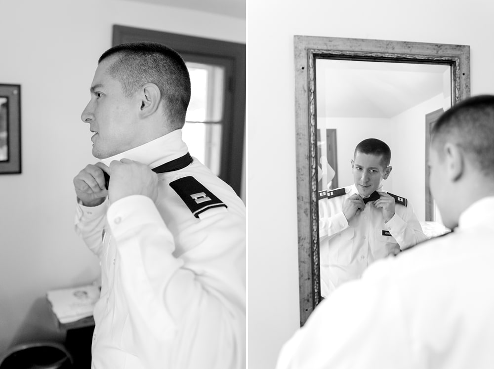 Army Reserves Groom getting ready in the Cottage at Rust Manor House wedding