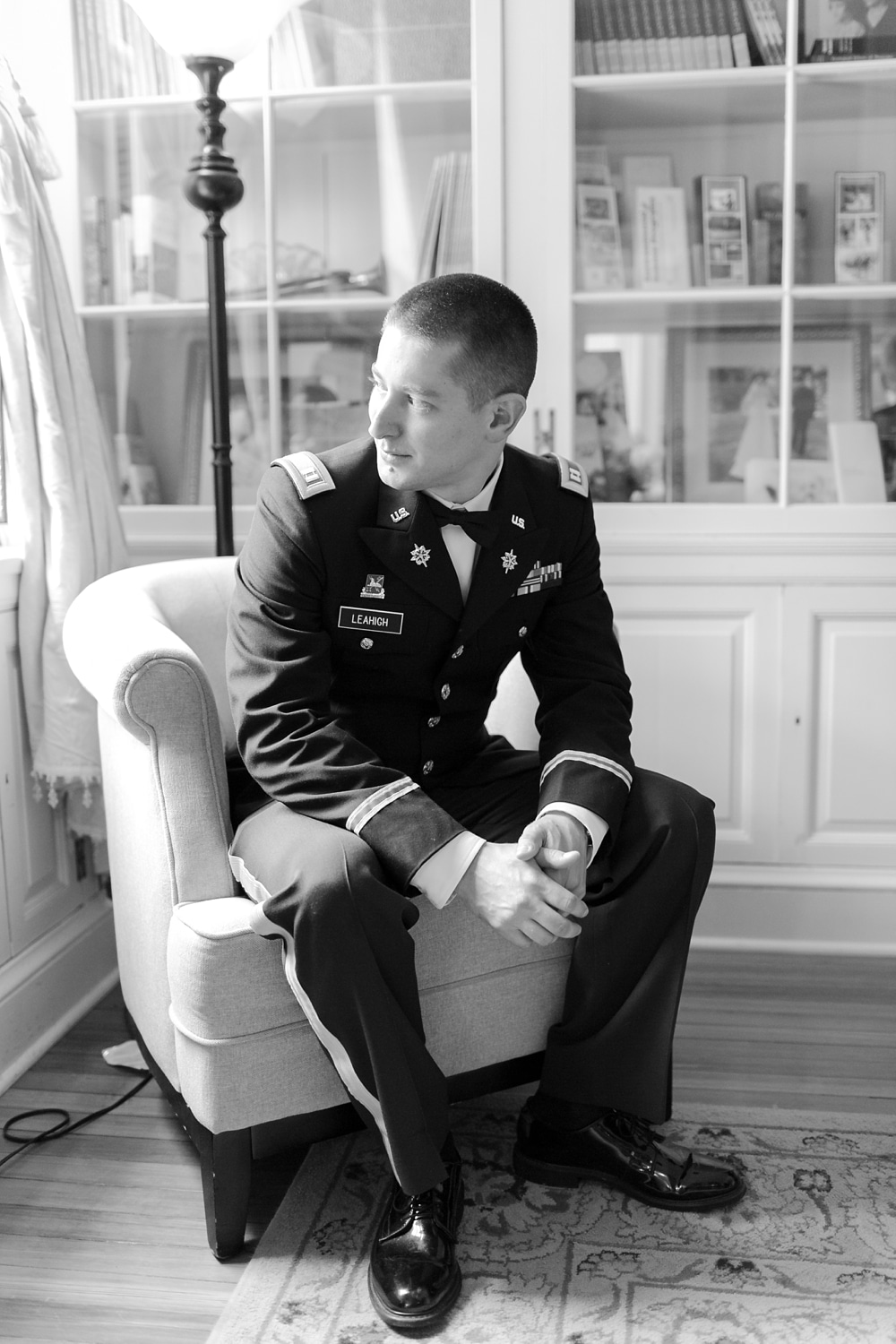 Groom in Army Reserves portrait inside of Rust Manor House wedding