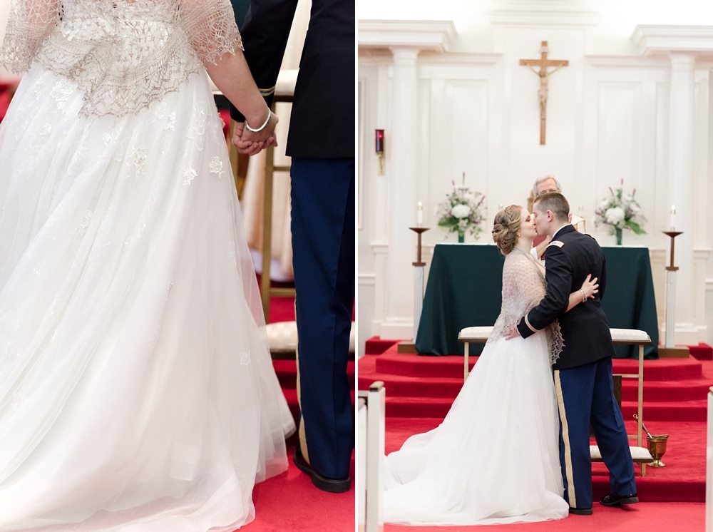 First kiss during Saint Stephen the Martyr Catholic Church wedding ceremony in Middleburg VA