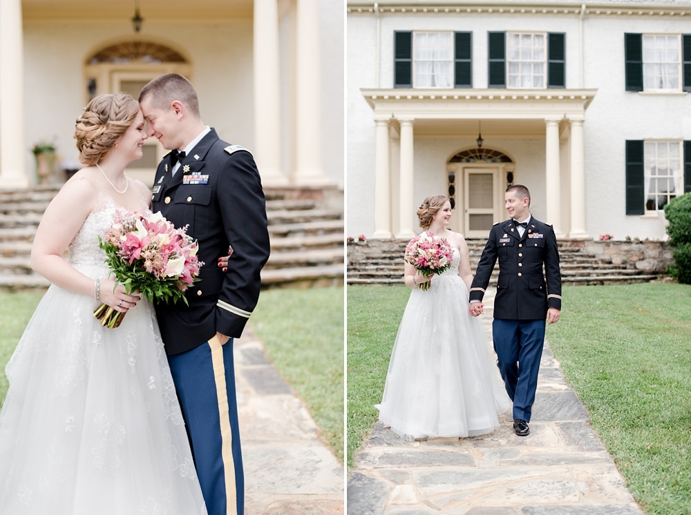 Bride and groom standing in front of steps at Rust Manor House in Loudoun County