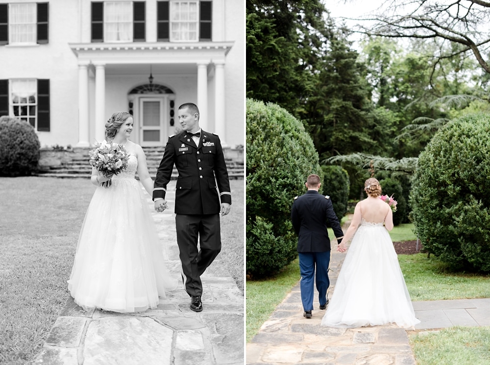 Bride and groom walking on grounds of Rust Manor House in Leesburg VA