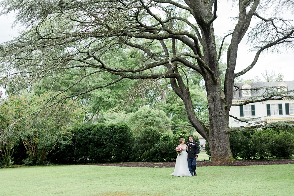 Bride and groom by mature tree at Rust Manor House wedding in Leesburg VA