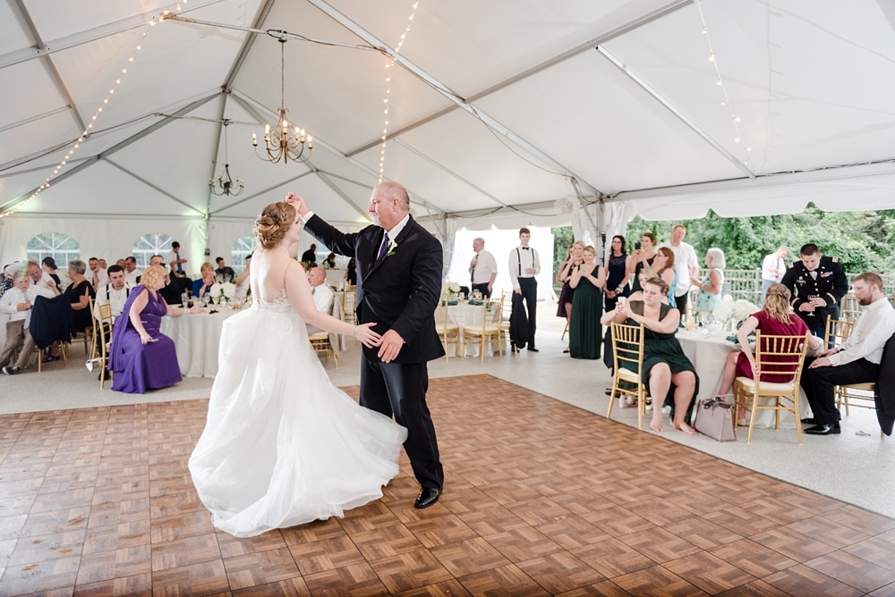 Bride father daughter dance under tent during reception at Rust Manor House