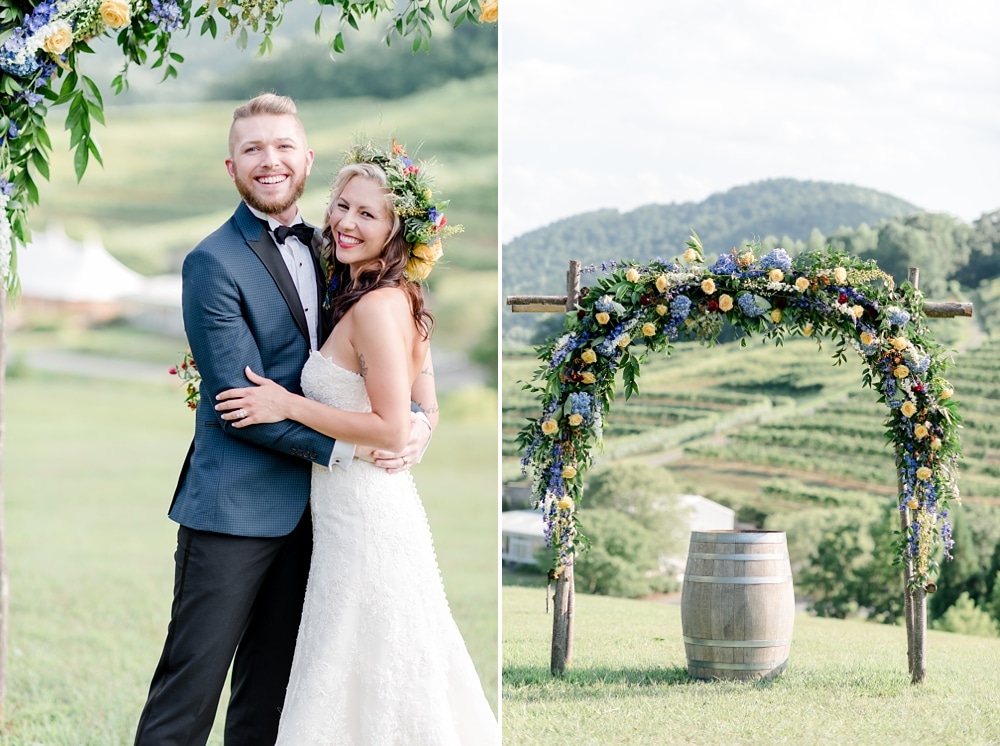 Floral arch ceremony and bride and groom at styled session at DelFosse Winery