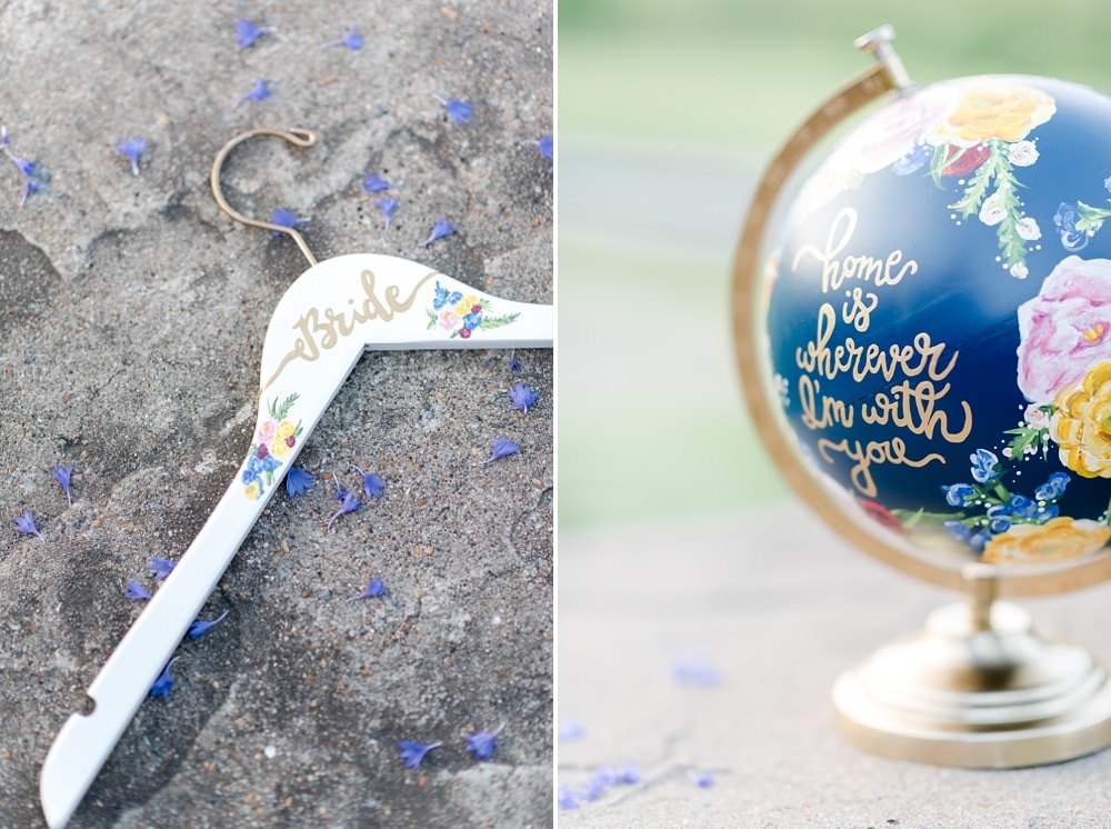 Bride gown hanger and painted globe by Limefish Studio