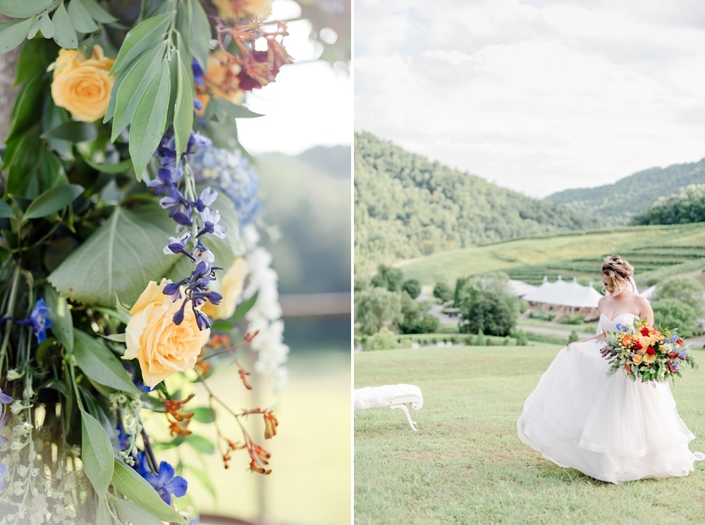Floral detail and bride at styled session at DelFosse Vineyards and Winery