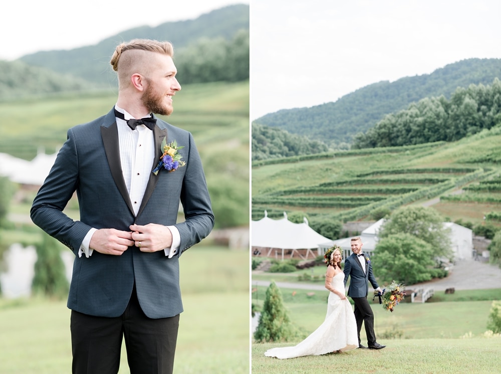 Groom and bride portraits at DelFosse Vineyards Winery styled shoot