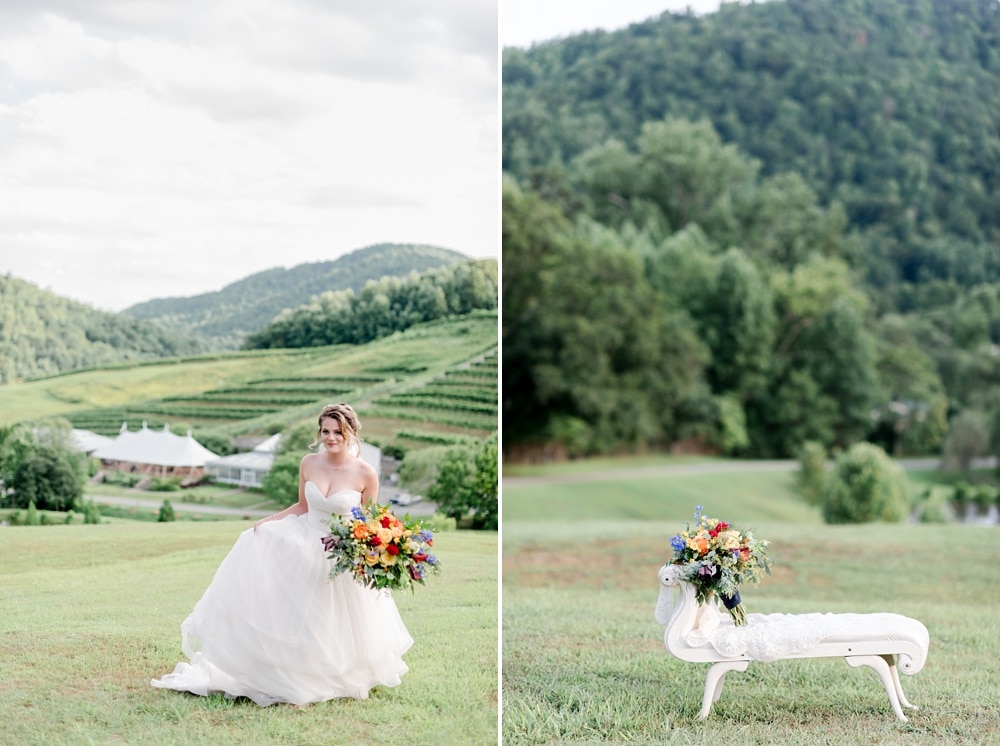 Bride and chaise at DelFosse Vineyards and Winery in Faber VA