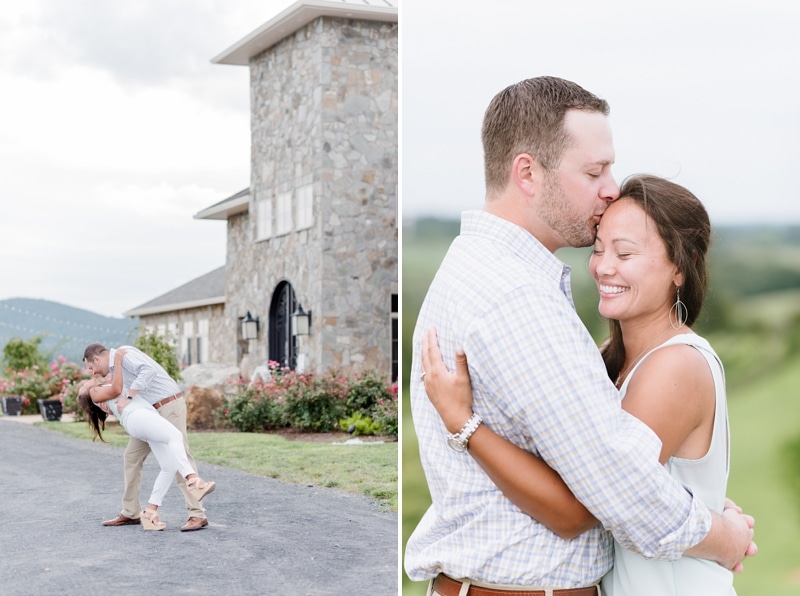 Couple dipping during their engagement session at Blue Valley Vineyard and Winery
