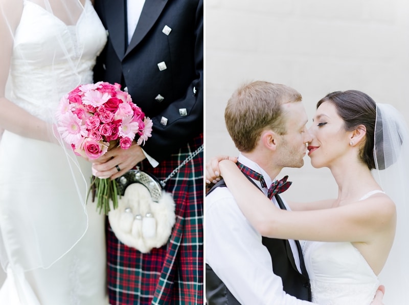 Bride and groom in Scottish kilt on wedding day in Virginia