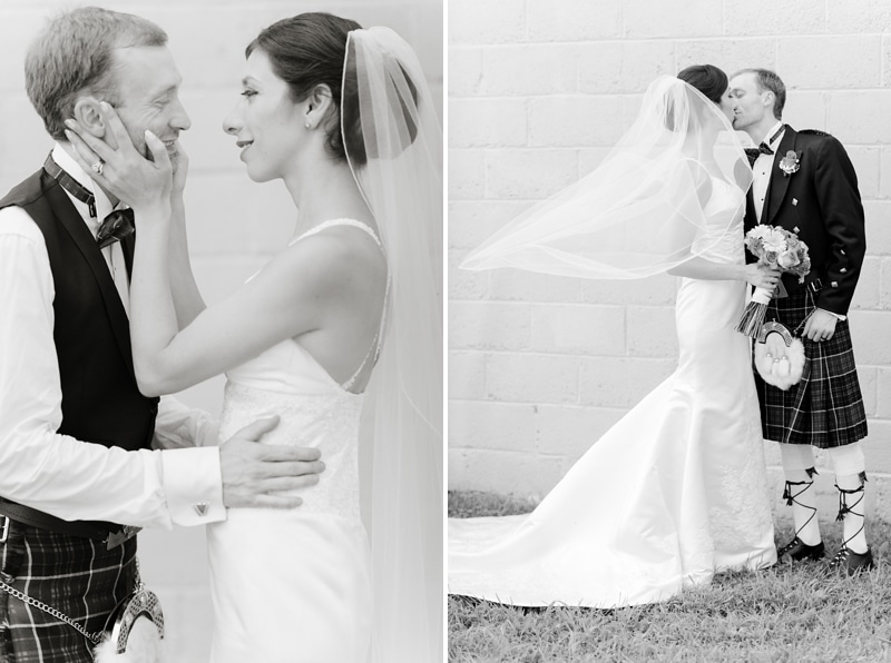 Black and white wedding photos of bride and groom