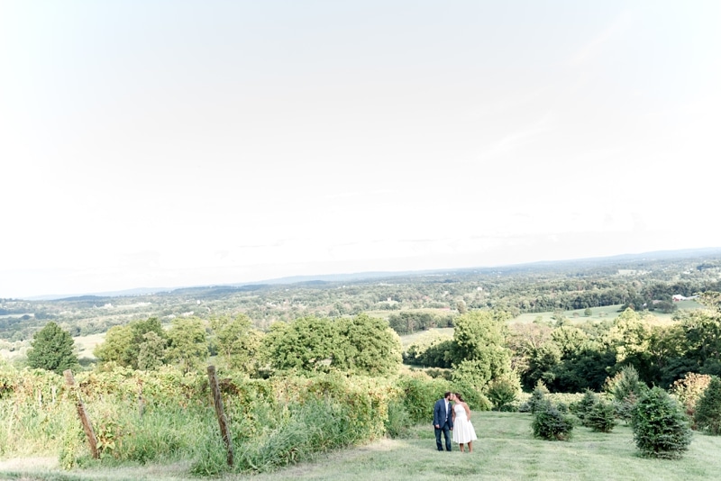 Engaged couple kissing in front of views at Bluemont Vineyard engagement session by Wolfcrest Photography