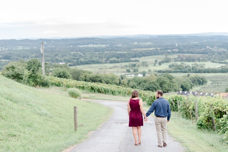 Engaged couple in front of views at Bluemont Vineyard