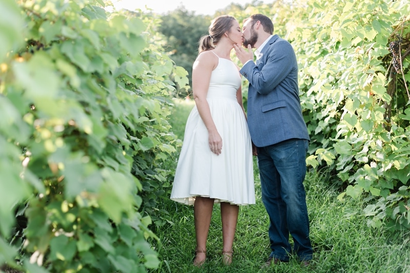 Engaged couple during engagement session in vines at Bluemont Vineyard
