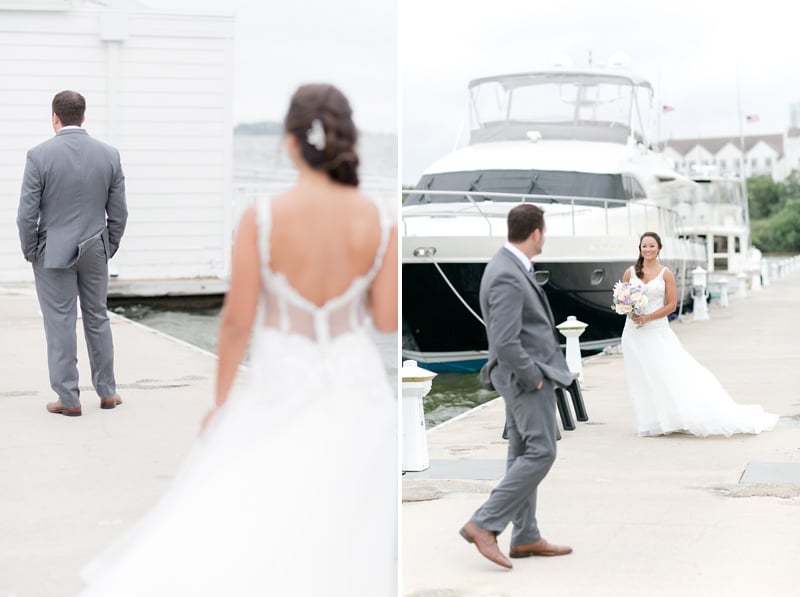 Bride and groom on pier at Hyatt Regency Chesapeake Bay for their first look before wedding ceremony