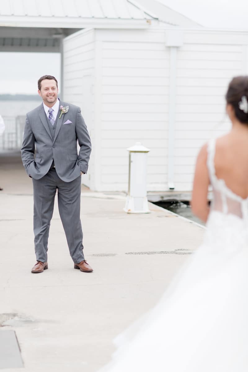 Groom's reaction to seeing his bride during their first look at Hyatt Regency Chesapeake Bay wedding