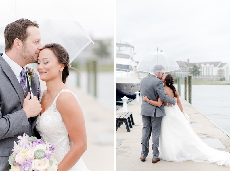 Bride and groom during their portraits during their rainy day wedding
