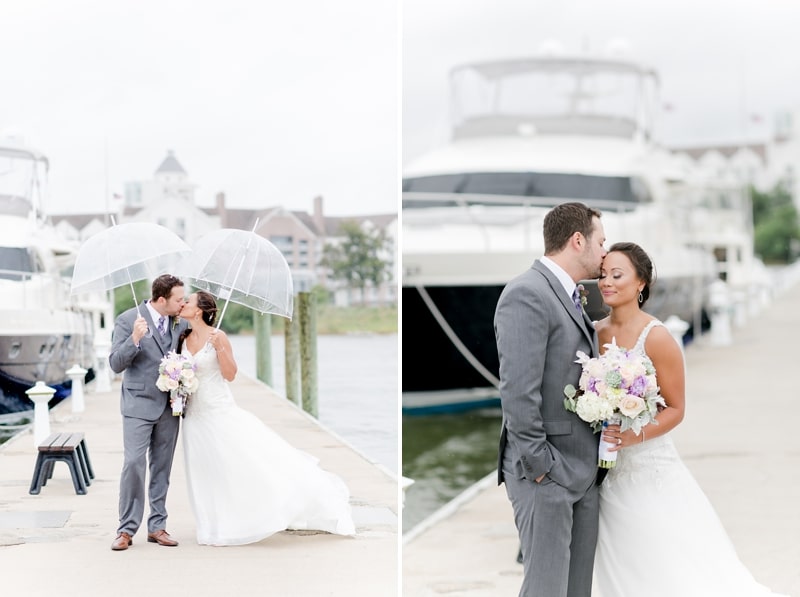 Bride and groom under umbrella kissing in front of Hyatt Regency Chesapeake Bay