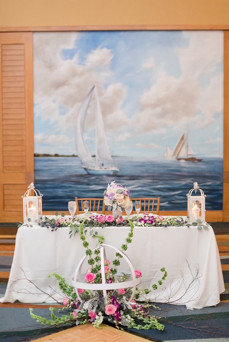 Sweetheart table decor at ballroom wedding
