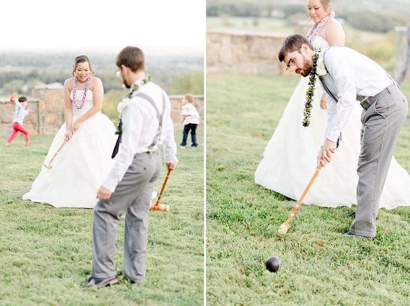 Bride and groom play croquet at wedding cocktail hour at Bluemont Vineyards
