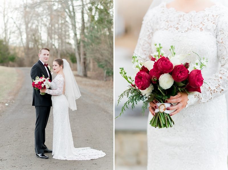 Bridal bouquet and portrait of newly married couple