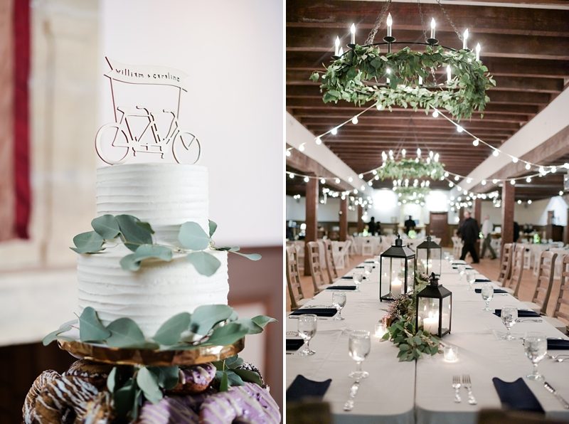 Wedding cake and Williamsburg Winery reception room